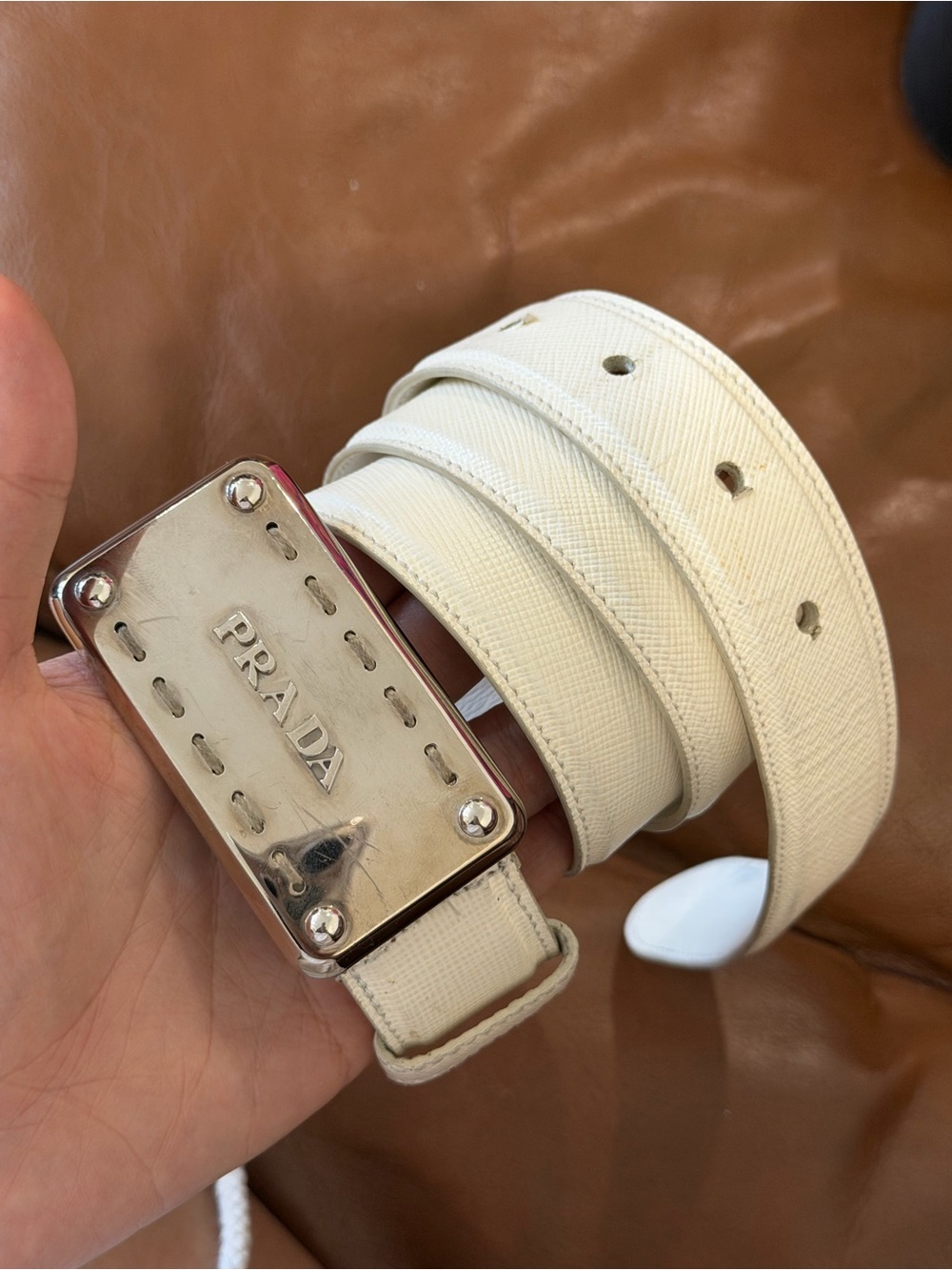 Prada Cream Saffiano Leather Womens Belt with Silver Plaque - Picture 10 of 10